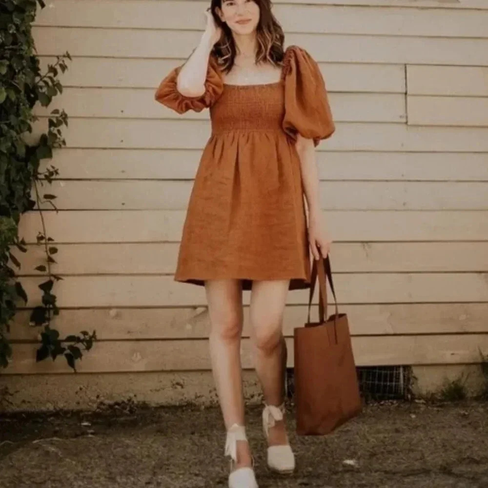 Sézane Carlie Dress Linen Puff Sleeve In Camel